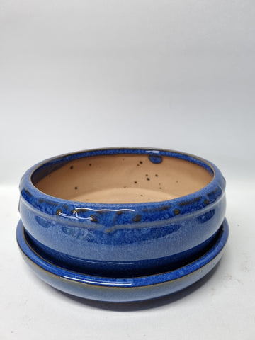 Bonsai schaal blauw rond met onder schotel
