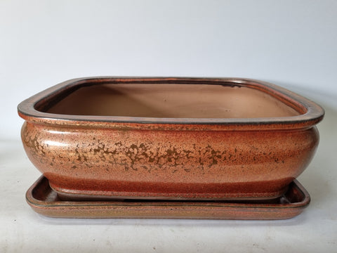 Bonsai schaal roest bruin, rechthoek met onderschotel