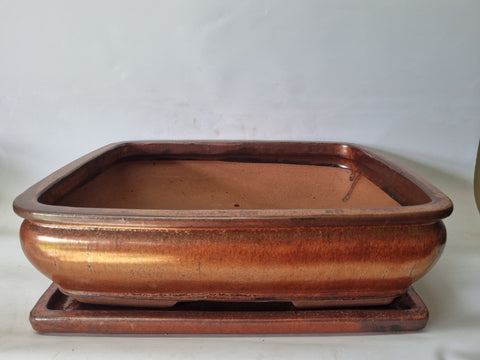 Bonsai schaal roest bruin, 38 cm rechthoek met onderschotel