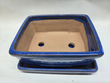 Bonsai schaal blauw, rechthoek 26cm met onderschotel