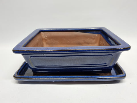 Bonsai schaal blauw, rechthoek met onderschotel