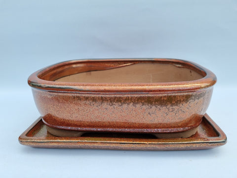 Bonsai schaal roest bruin, rechthoek met onderschotel