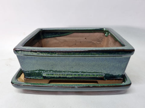 Bonsai schaal groen, rechthoek 16cm met onderschotel